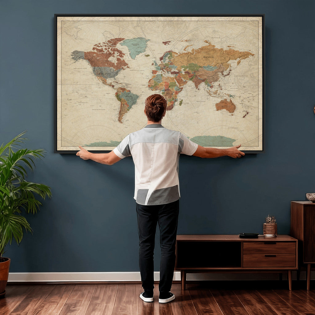 Vintage World Map Canvas Wall Art Print | Framed Modern World Map