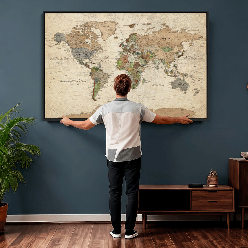 Framed World Map Wall Art for Home and Office Decor