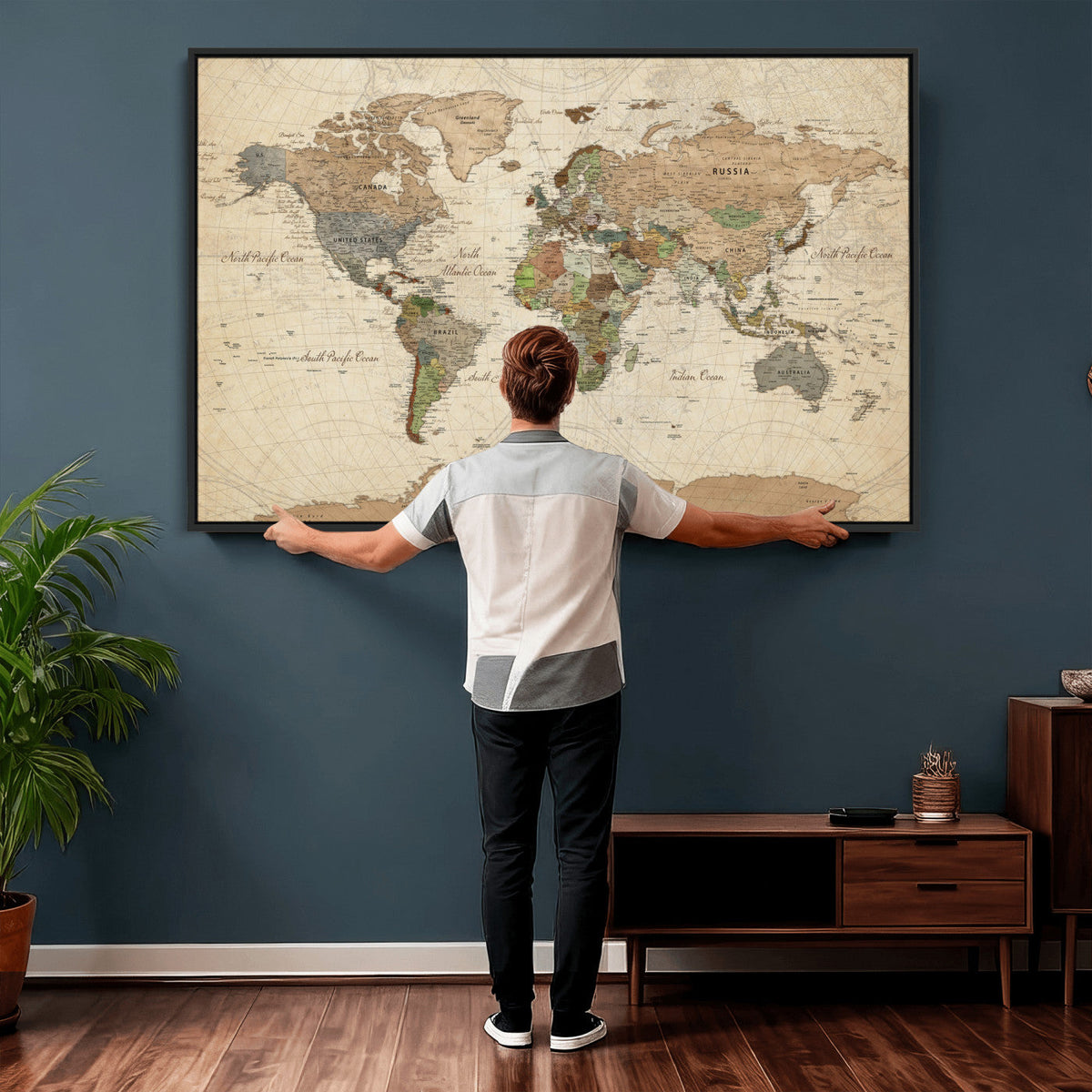 Framed World Map Wall Art for Home and Office Decor