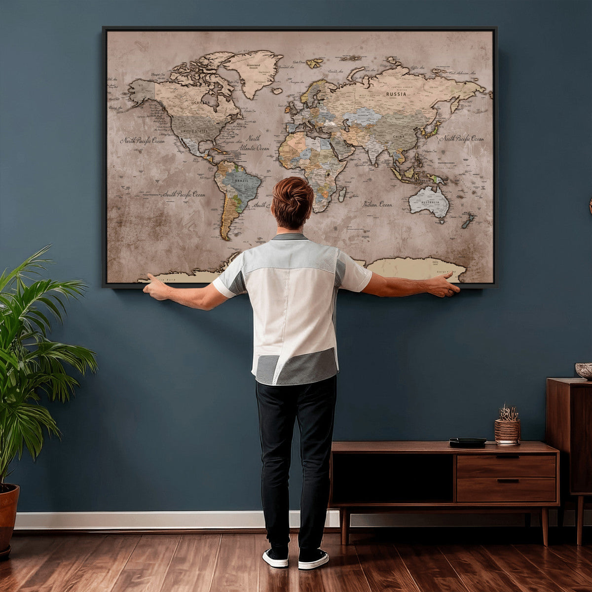 Grunge World Map Canvas Wall Art - Vintage Aged World Map with Golden Tones