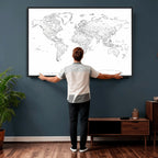 World Map Canvas Print, Framed Modern Detailed Map of the World for Home or Office
