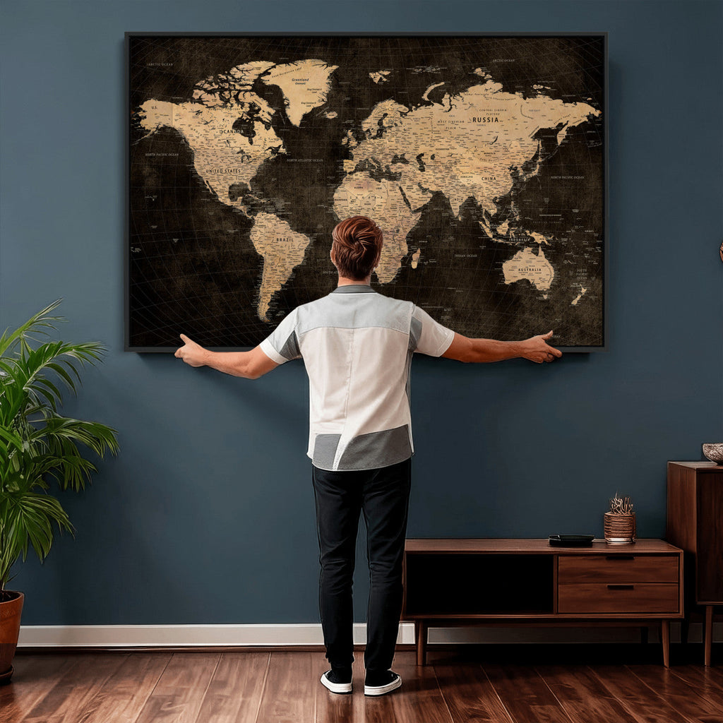 Brown World Map Canvas Print | Modern Travel Map Wall Art