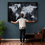 Black World Map Canvas Print | Detailed Map for Couples and Anniversary Gift