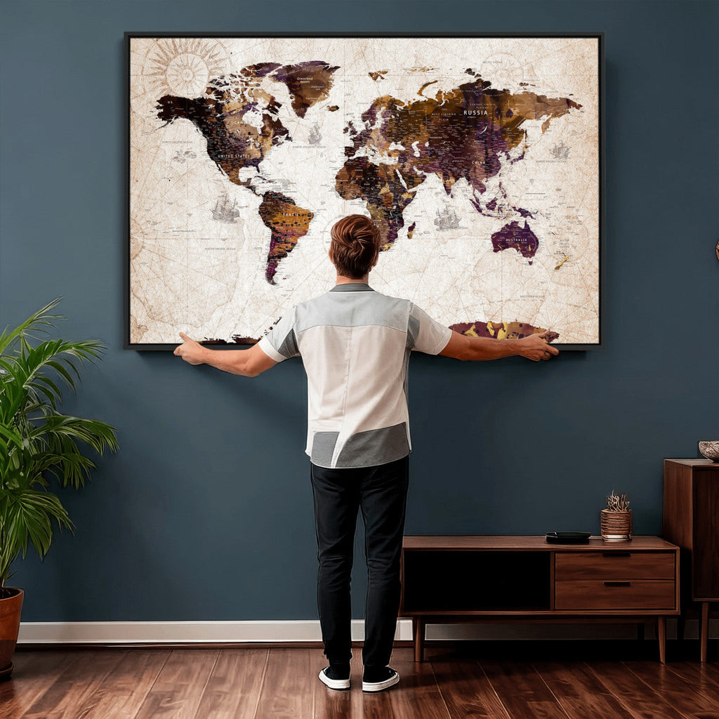 Blue Watercolor World Map Canvas Print | Framed Modern Wall Art