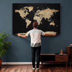 Beige World Map Canvas Wall Art Print, Minimal Black and Beige Map