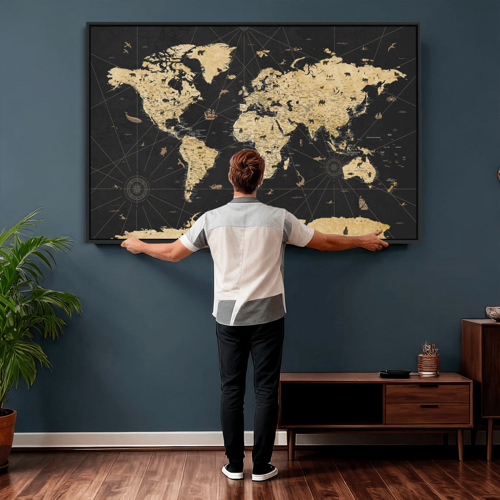 Vintage Blue and Brown World Map Canvas Wall Art | Framed Rustic Map Print