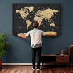 Vintage Blue and Brown World Map Canvas Wall Art | Framed Rustic Map Print