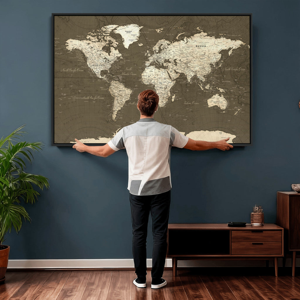Vintage World Map Canvas Print | Framed Travel Map Wall Art for Couples