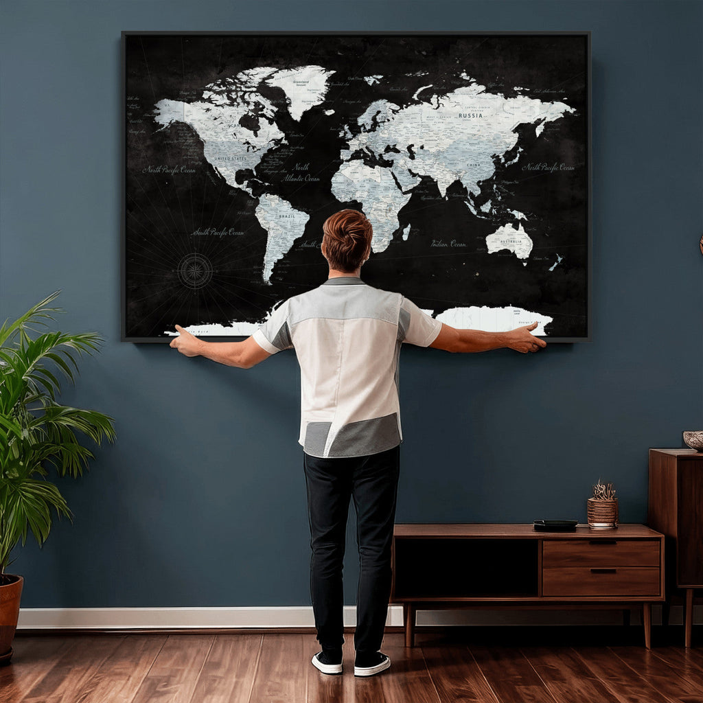 World Map Canvas Print | Framed Push Pin Wall Art, Color Splash Travel Map