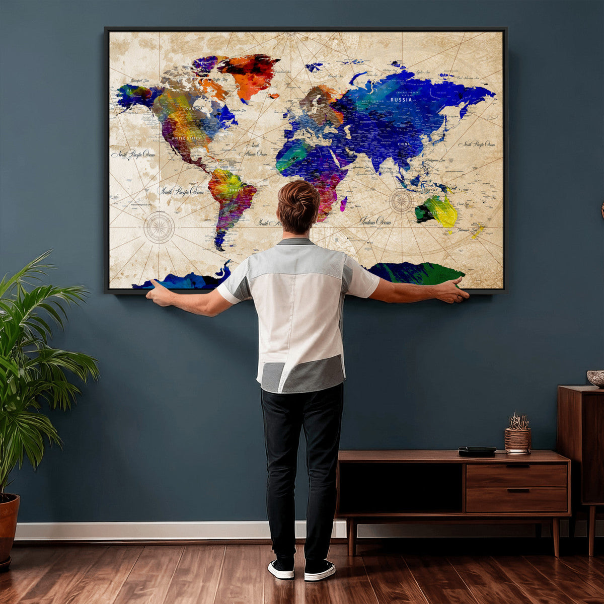 Watercolor World Map Canvas Print | Framed Wall Art for Couples