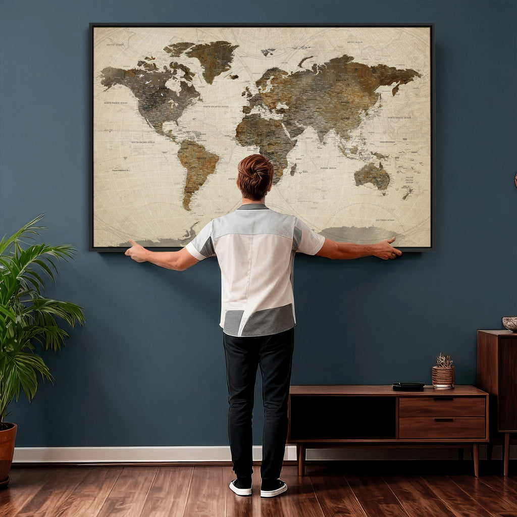 Vintage World Map Canvas Wall Art | Framed Antique Style Travel Map