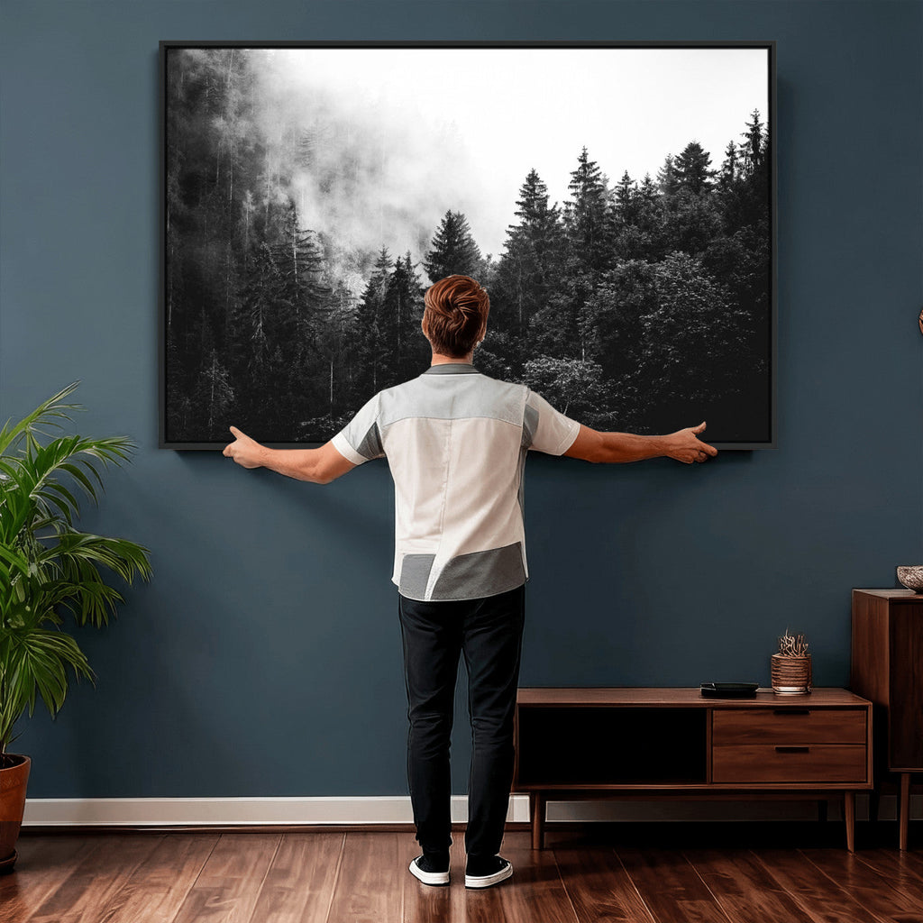 Black White Forest Wall Art Canvas Print, Misty Pine Tree Landscape