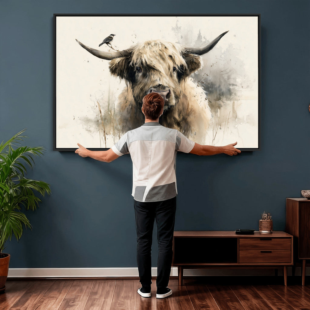 Abstract Highland Cow Wall Art Canvas Print, Rustic Farm Cattle Portrait
