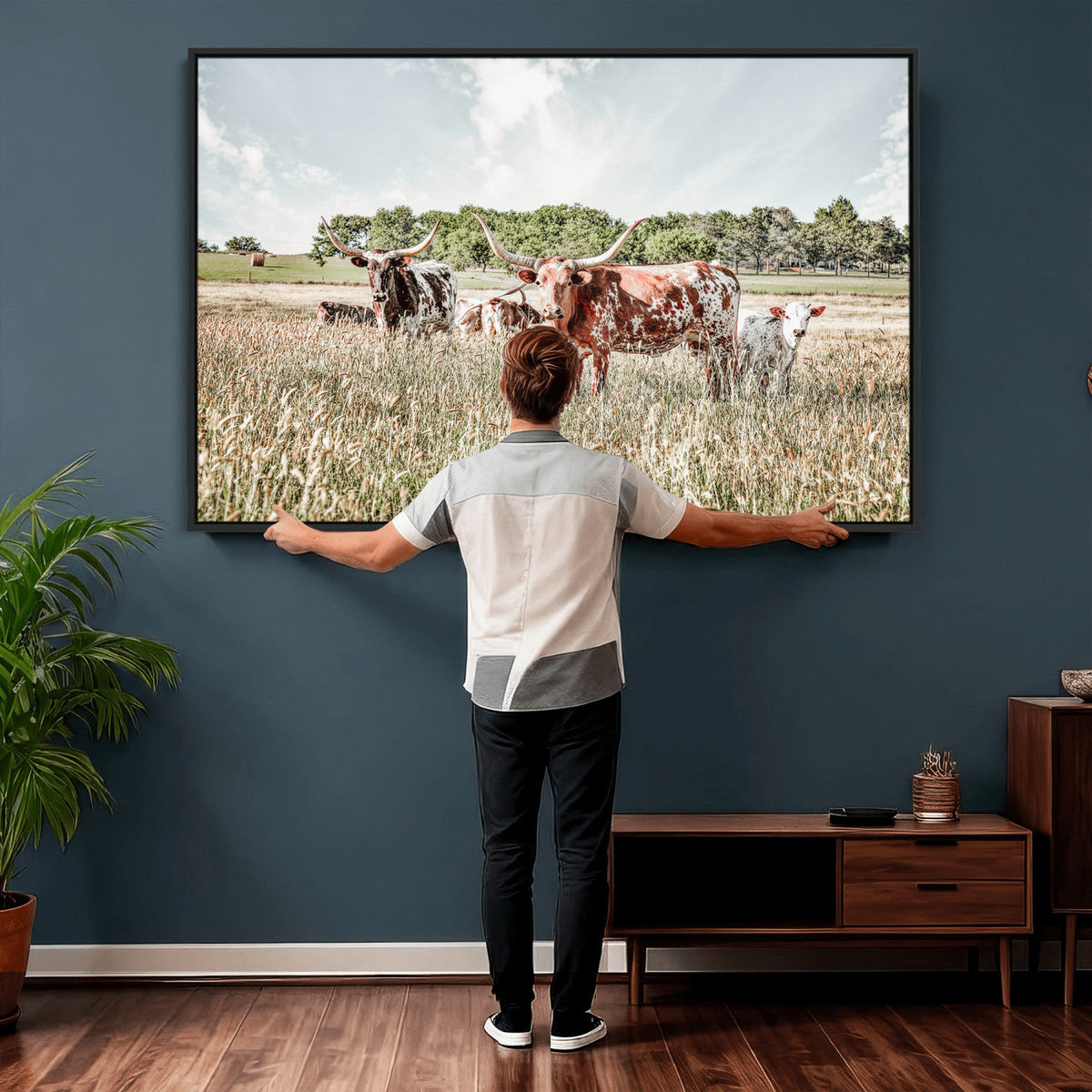 Texas Longhorn Cattle Wall Art Canvas Print, Western Ranch Landscape Decor