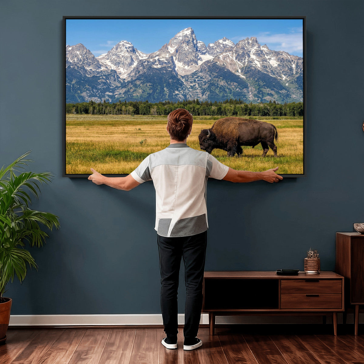 Bison in Mountain Landscape Wall Art Canvas Print, Western Decor