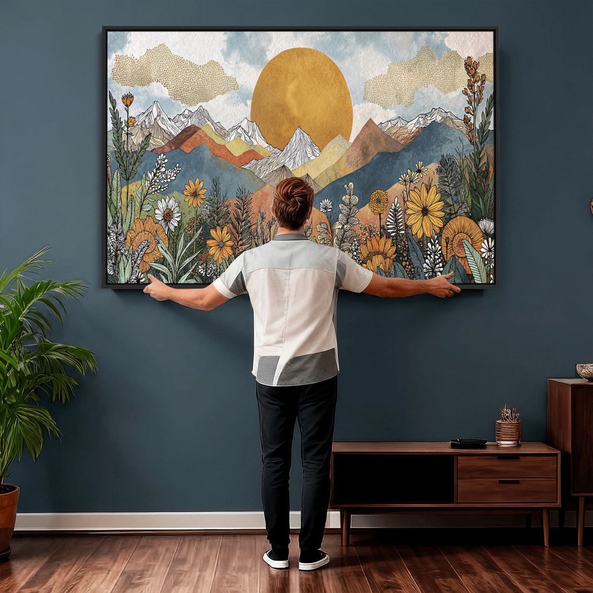 Boho Mountain Landscape Large Wall Art, Horizontal Gold Sun and Flowers Print