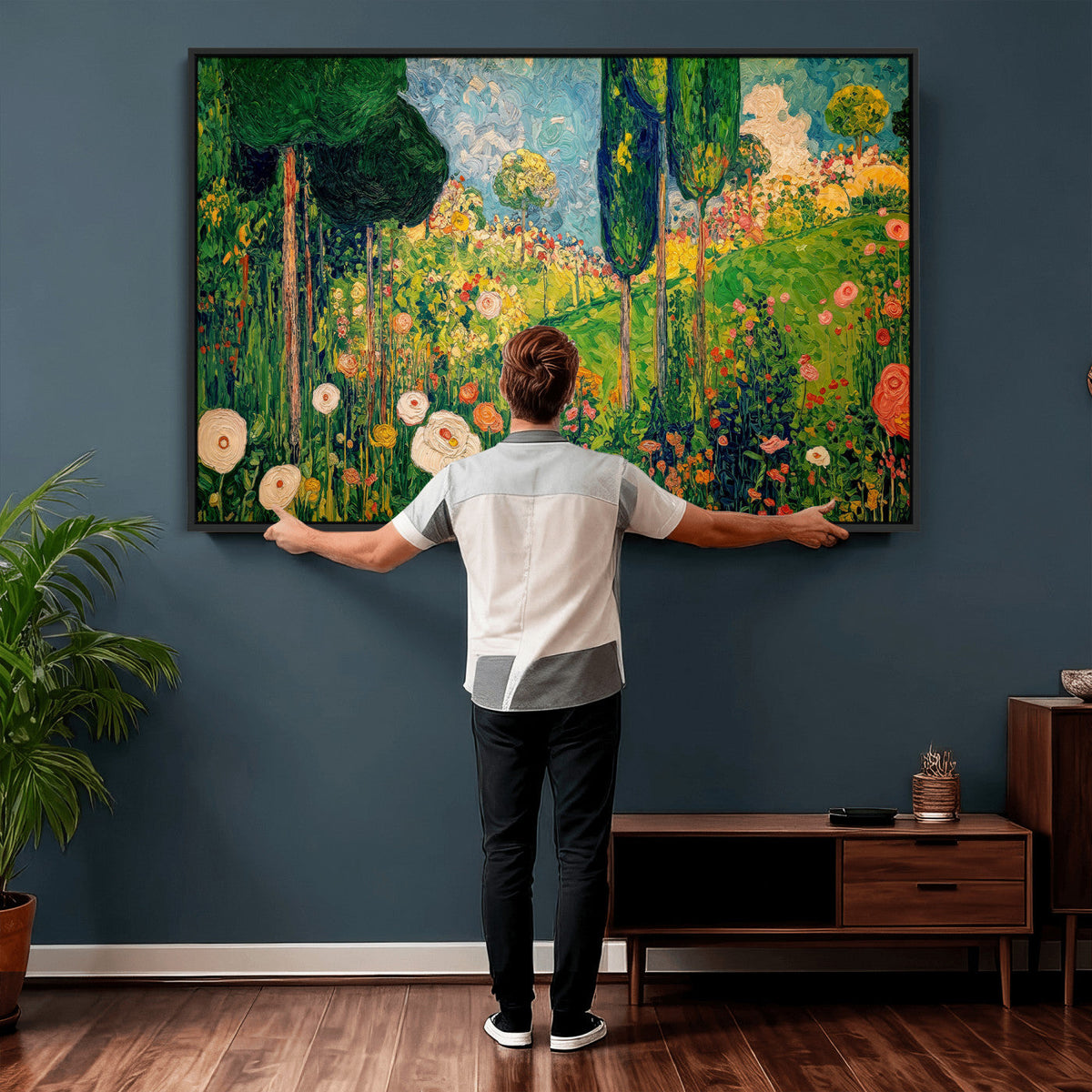 Gustav Klimt Boho Mountain Landscape Large Wall Art, Gold Sun and Flowers Print