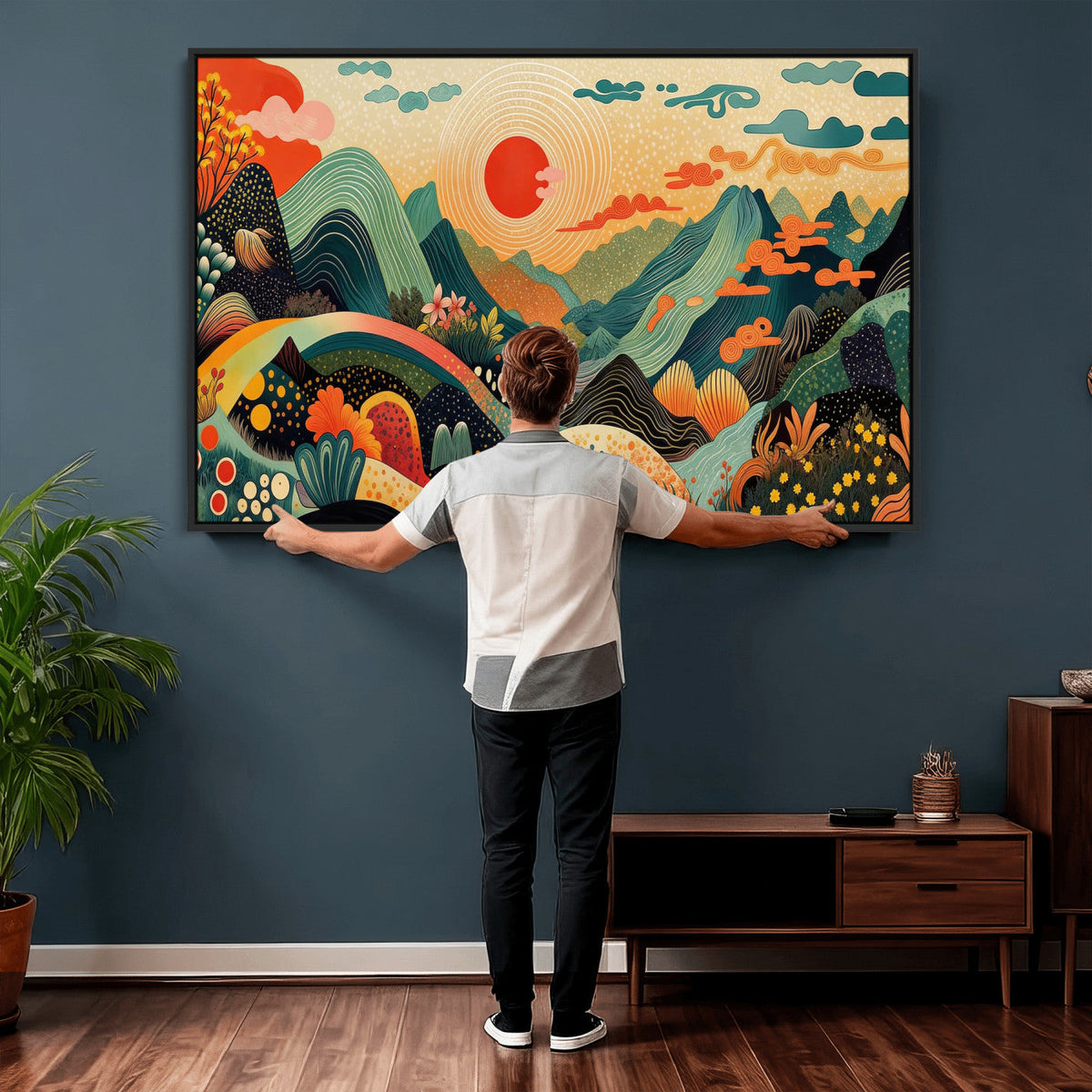Yayoi Kusama Boho Mountain Landscape Large Wall Art, Gold Sun and Flowers Print