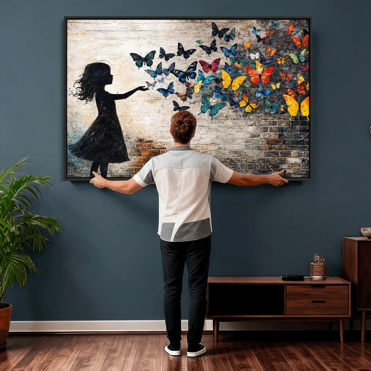 Banksy Butterfly Girl Wall Art Canvas Print, Framed Street Art