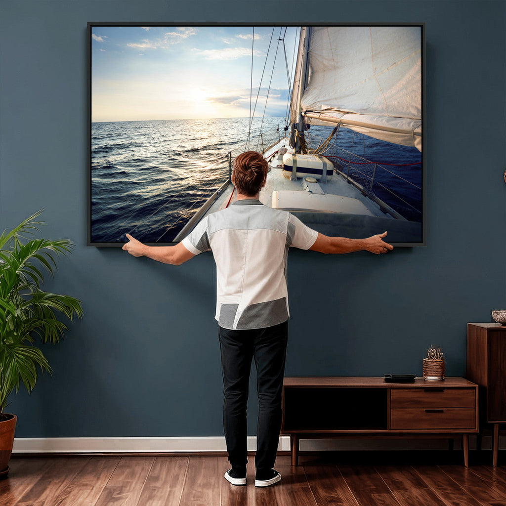 Sailboat Wall Art Canvas Print, Ocean Sunset Sailing Framed Artwork
