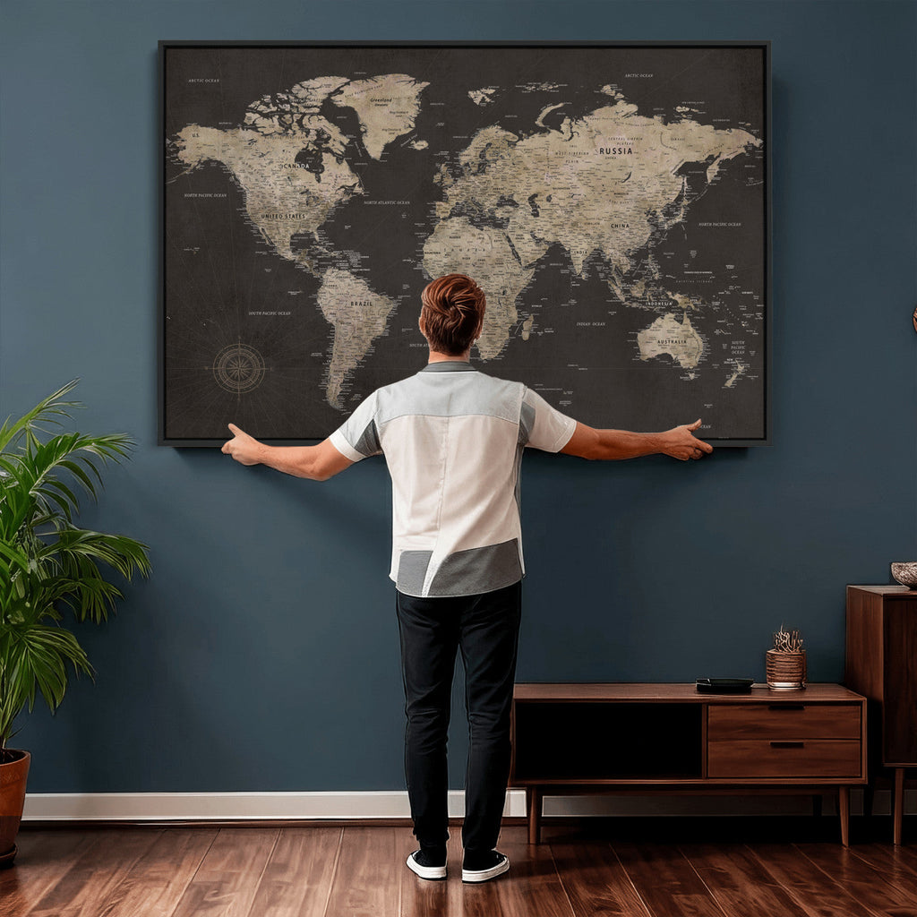 World Map Canvas Wall Art, Dark Charcoal and Antique Tan Detailed Map