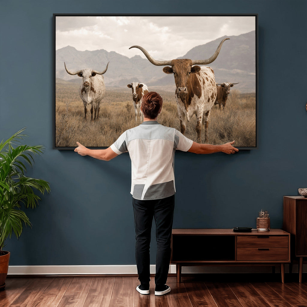 Rustic Texas Longhorn Cow Canvas Wall Art Print, Farm Animal Photography