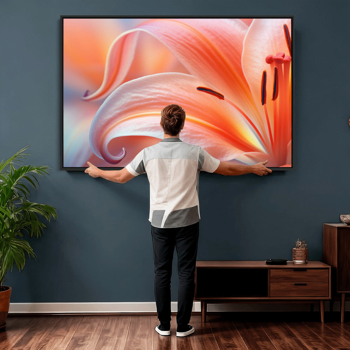 Peach Lily Canvas Wall Art, Coral Pink Flower Macro Photo Print, Botanical Decor