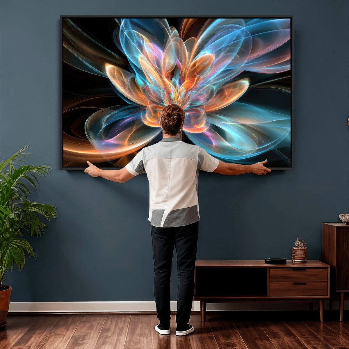 Fractal Lotus Canvas Wall Art, Blue Orange Glowing Flower Abstract Print