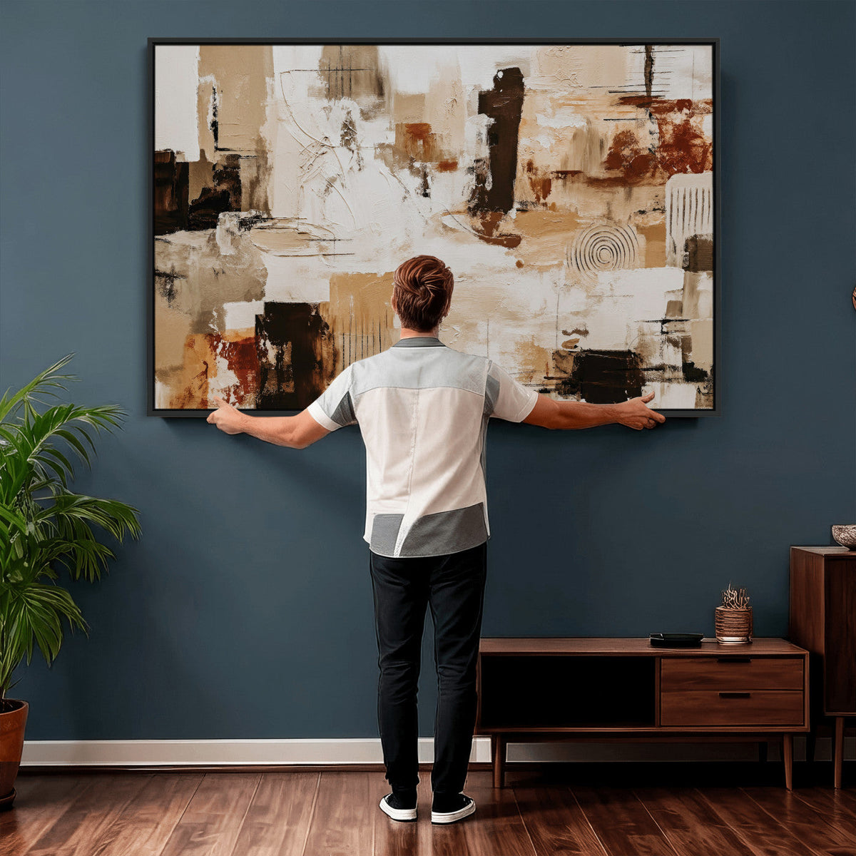 Blue Teal Abstract Canvas Wall Art, Modern Brushstroke Style Print, Navy Orange Contemporary Decor