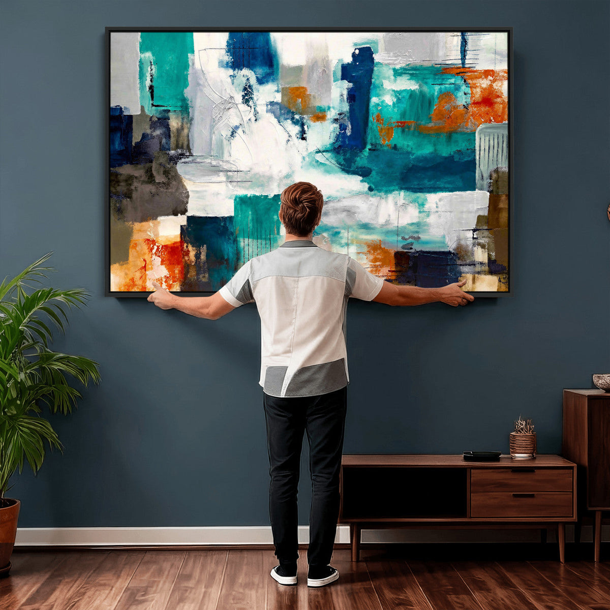 Blue Teal Abstract Canvas Wall Art, Modern Brushstroke Style Print, Navy Orange Contemporary Decor