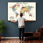 Personalized Framed Beige Modern Push Pin Travel Map Canvas Print, Family Travel Tracker, Bedroom and Home Office Decor