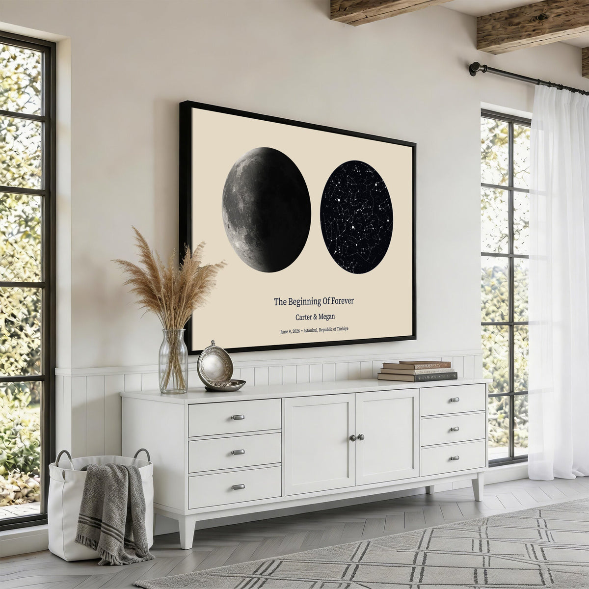 Moon and Stars Canvas Print, Personalized Moon Phase and Star Map Art