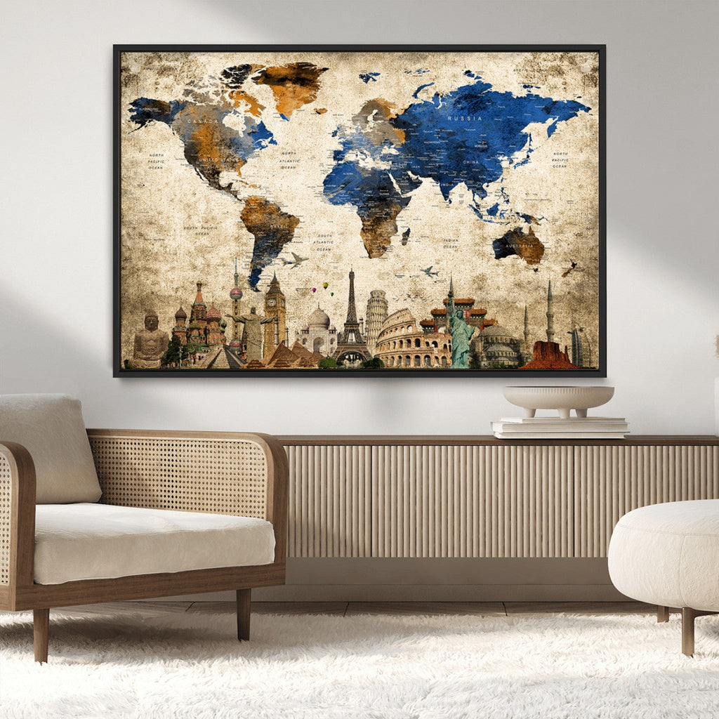 World Map Canvas Print | Vintage Blue and Gold World Map Wall Art