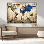 World Map Canvas Print | Vintage Blue and Gold World Map Wall Art