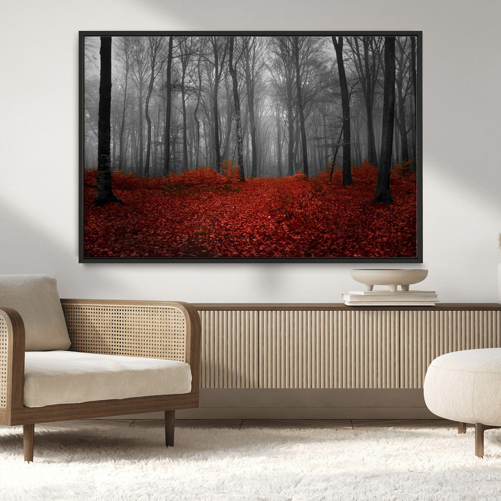 Red Forest Floor Canvas Wall Art | Mystical Foggy Woodland Triptych