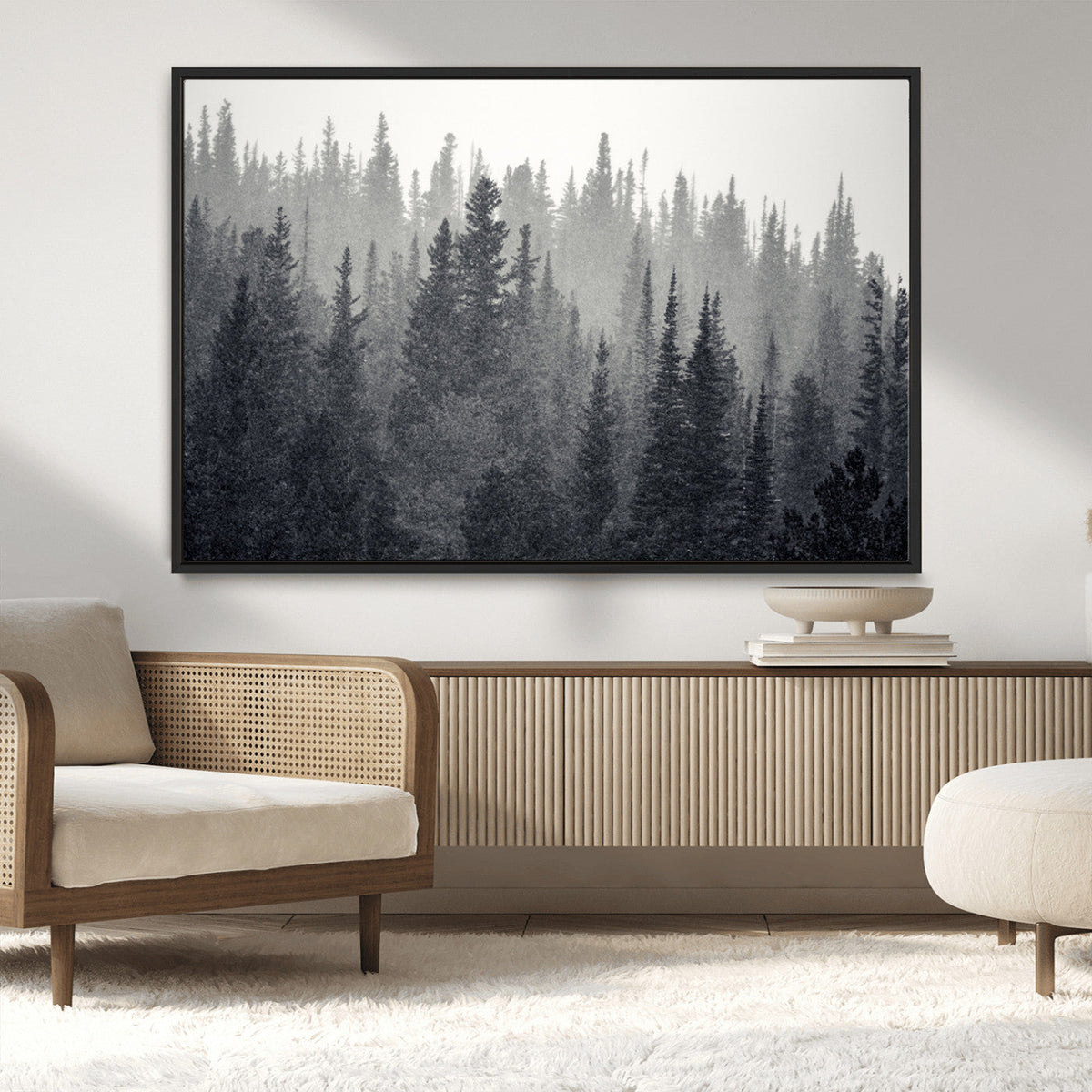 Misty Forest Canvas Wall Art | Monochrome Triptych Pine Tree Print