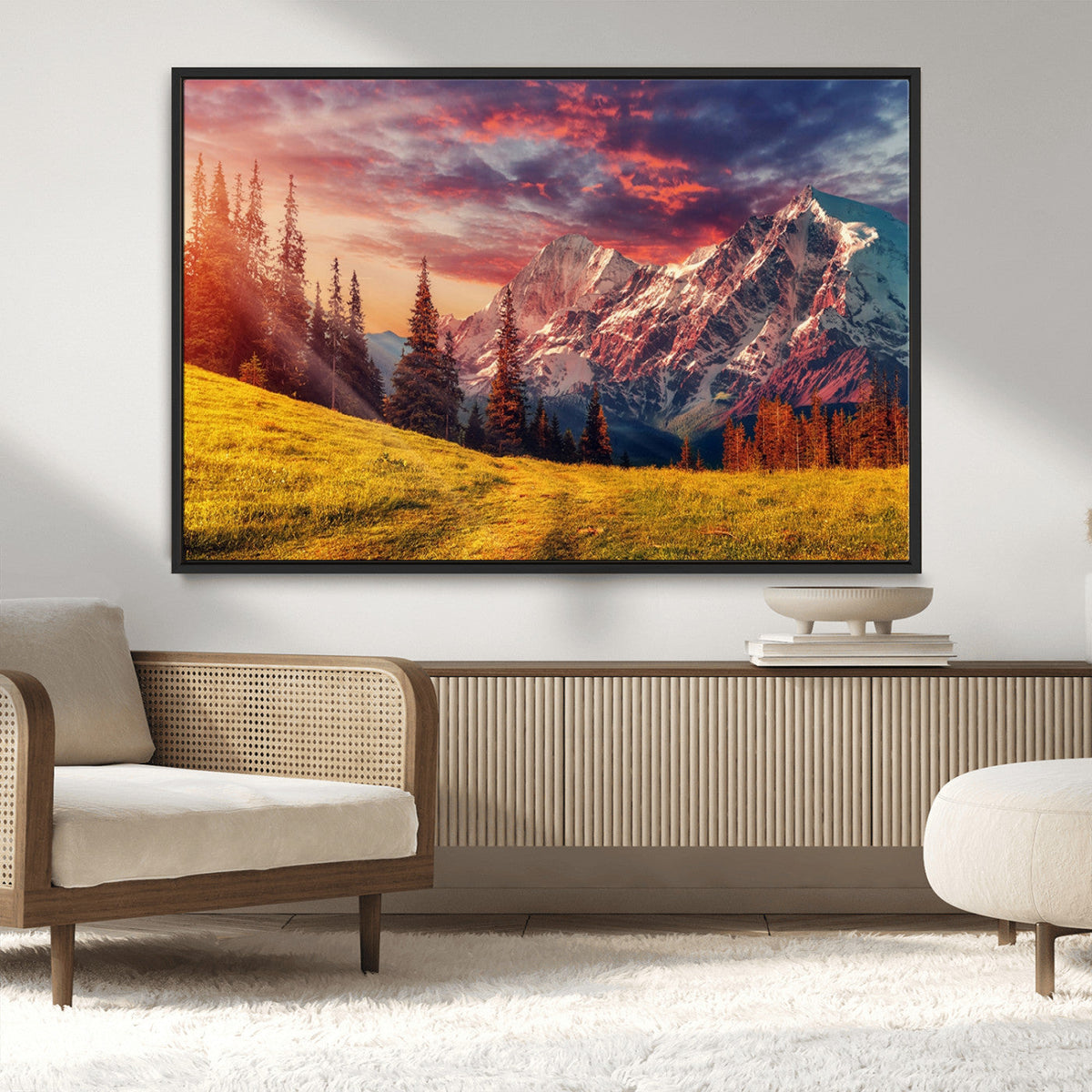 Mountain and Daylight Red Sunset Wall Art Canvas Print