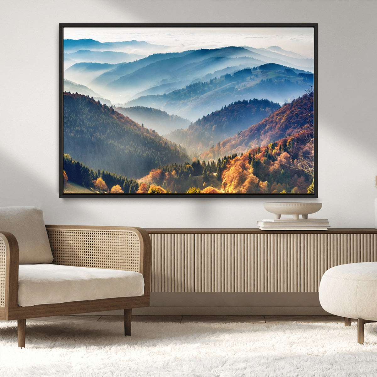 Misty Mountain Sunrise Triptych Canvas Print | Autumn Landscape Wall Art