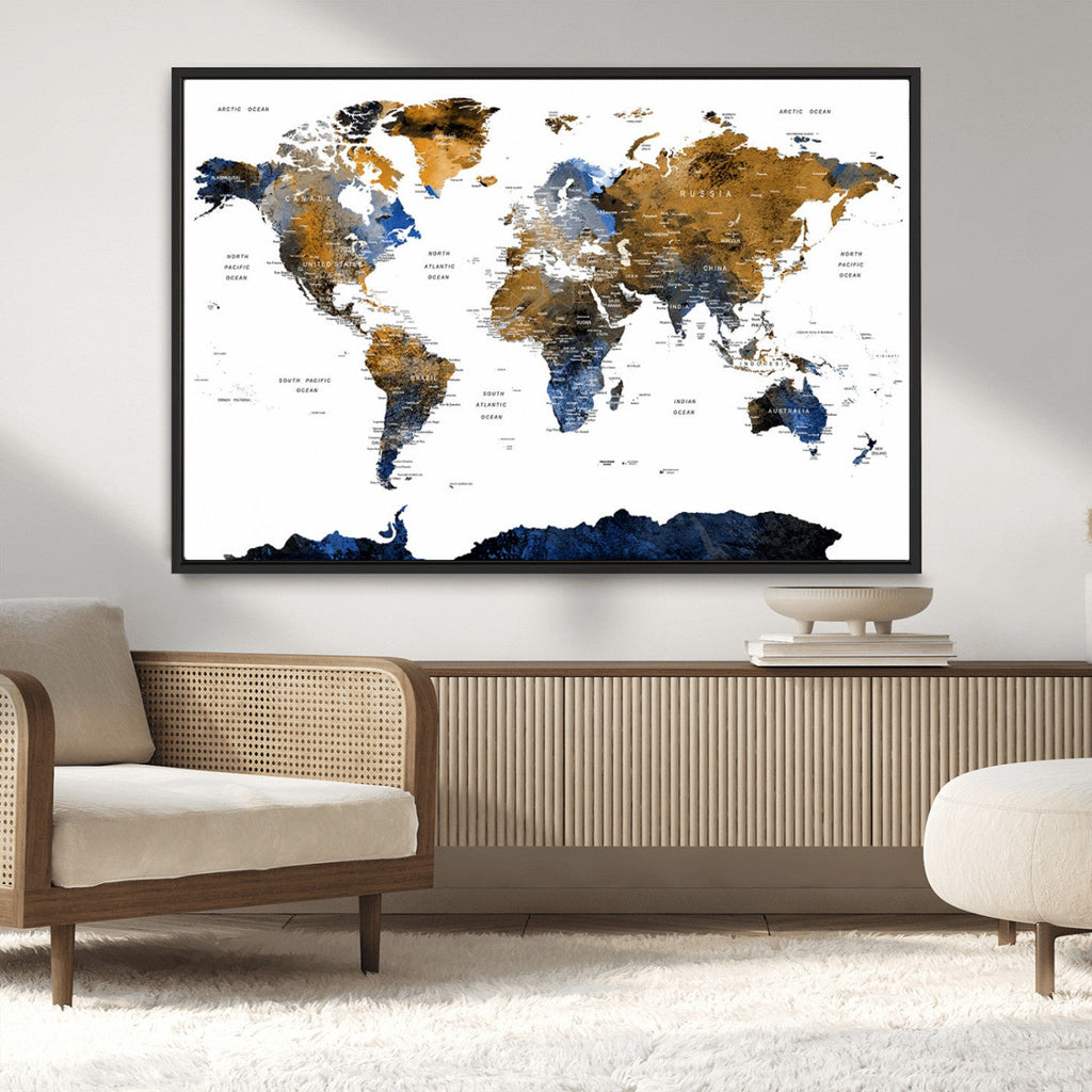 Modern Abstract World Map Canvas Wall Art | Framed Blue and Gold Map Print