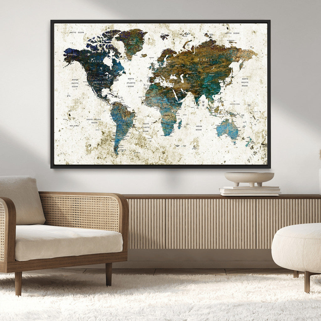 Vintage World Map Wall Art Canvas Print, Framed Rustic Earth Tone Map