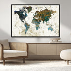 Vintage World Map Wall Art Canvas Print, Framed Rustic Earth Tone Map