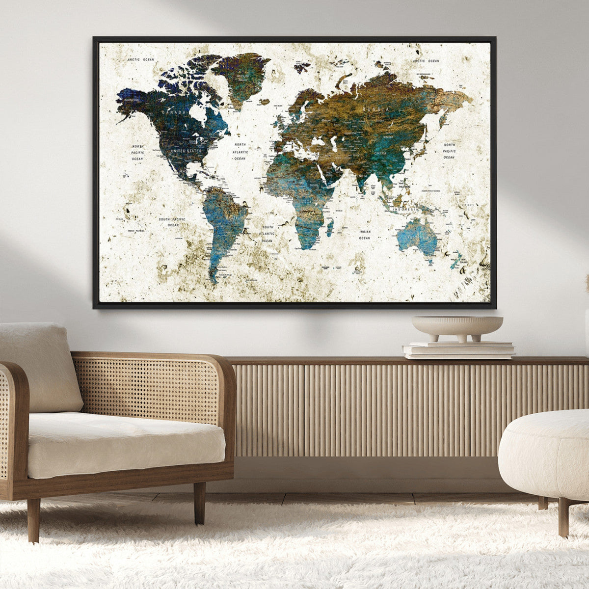 Vintage World Map Wall Art Canvas Print, Framed Rustic Earth Tone Map