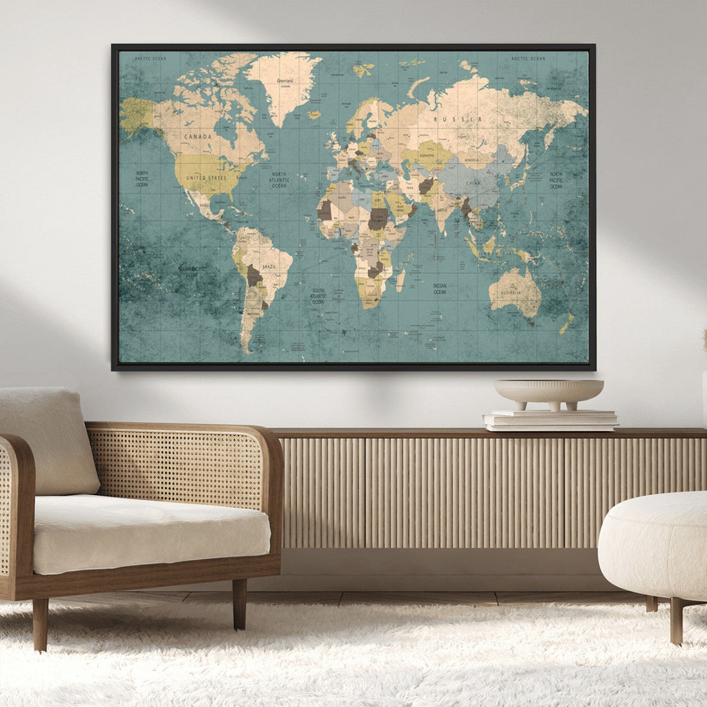 Classic World Map Canvas Print | Framed Vintage Map Wall Art