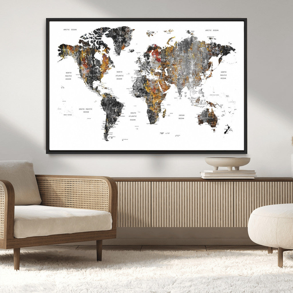 Modern Metallic World Map Canvas Wall Art | Framed Contemporary World Map Print