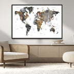 Modern Metallic World Map Canvas Wall Art | Framed Contemporary World Map Print
