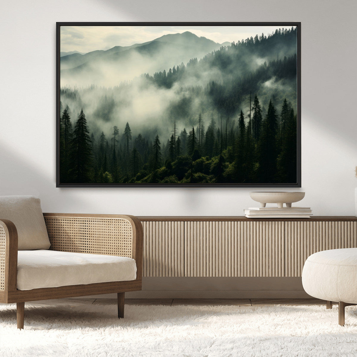 Captivating Misty Forest Wall Art Premium Canvas Print, A Foggy and Serene Atmosphere