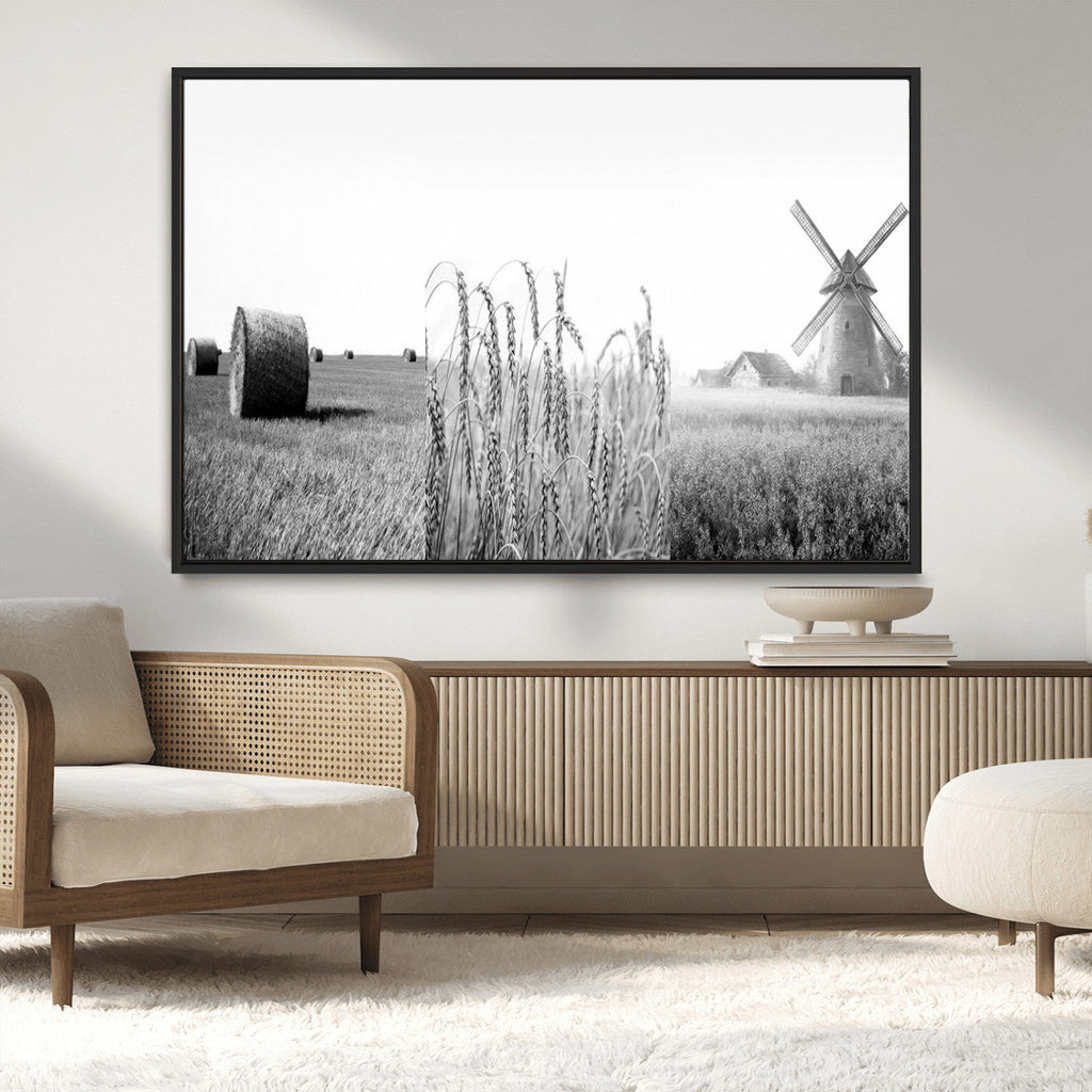 Vintage Farmhouse Black and White Triptych Wall Art, Giclee Canvas with Wheat Fields, Hay Bales and Windmill