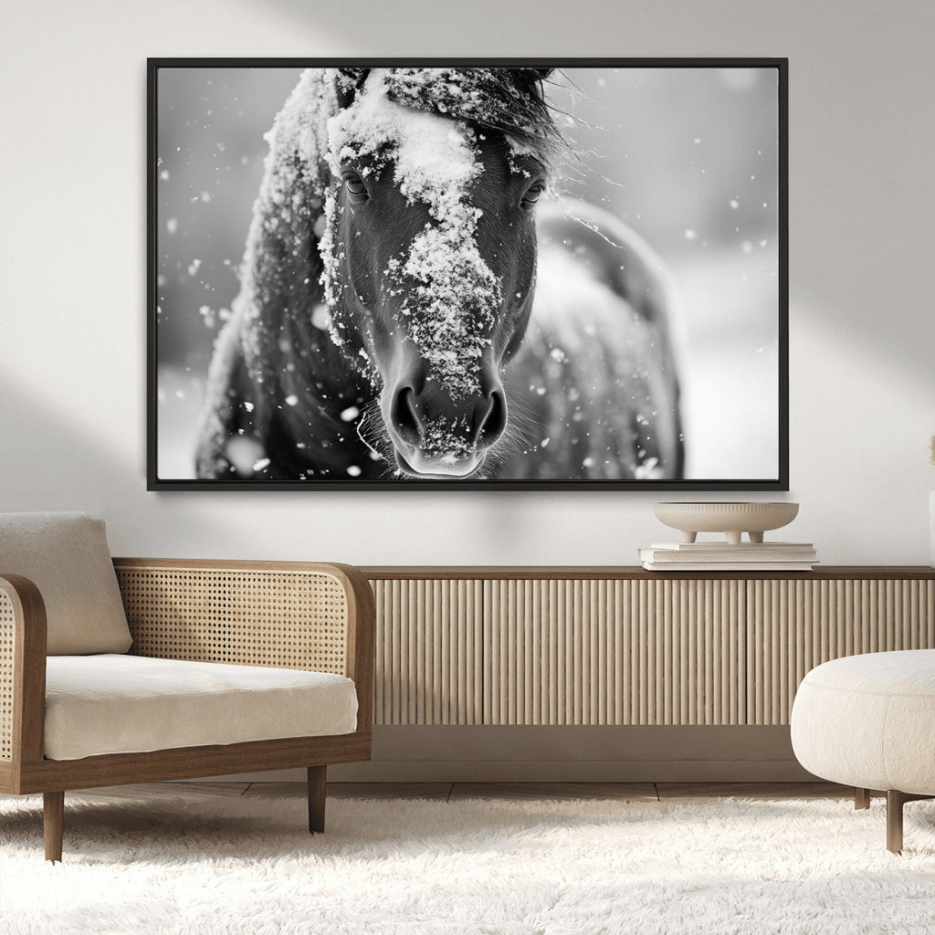 Black and White Horse Winter Wall Art, Ready to Hang