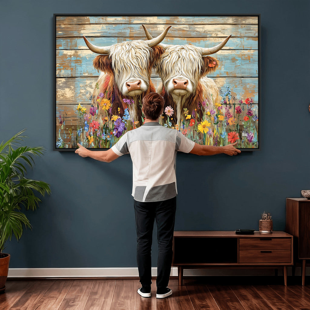 Cute Highland Cow Canvas Wall Art - Rustic Farmhouse Decor