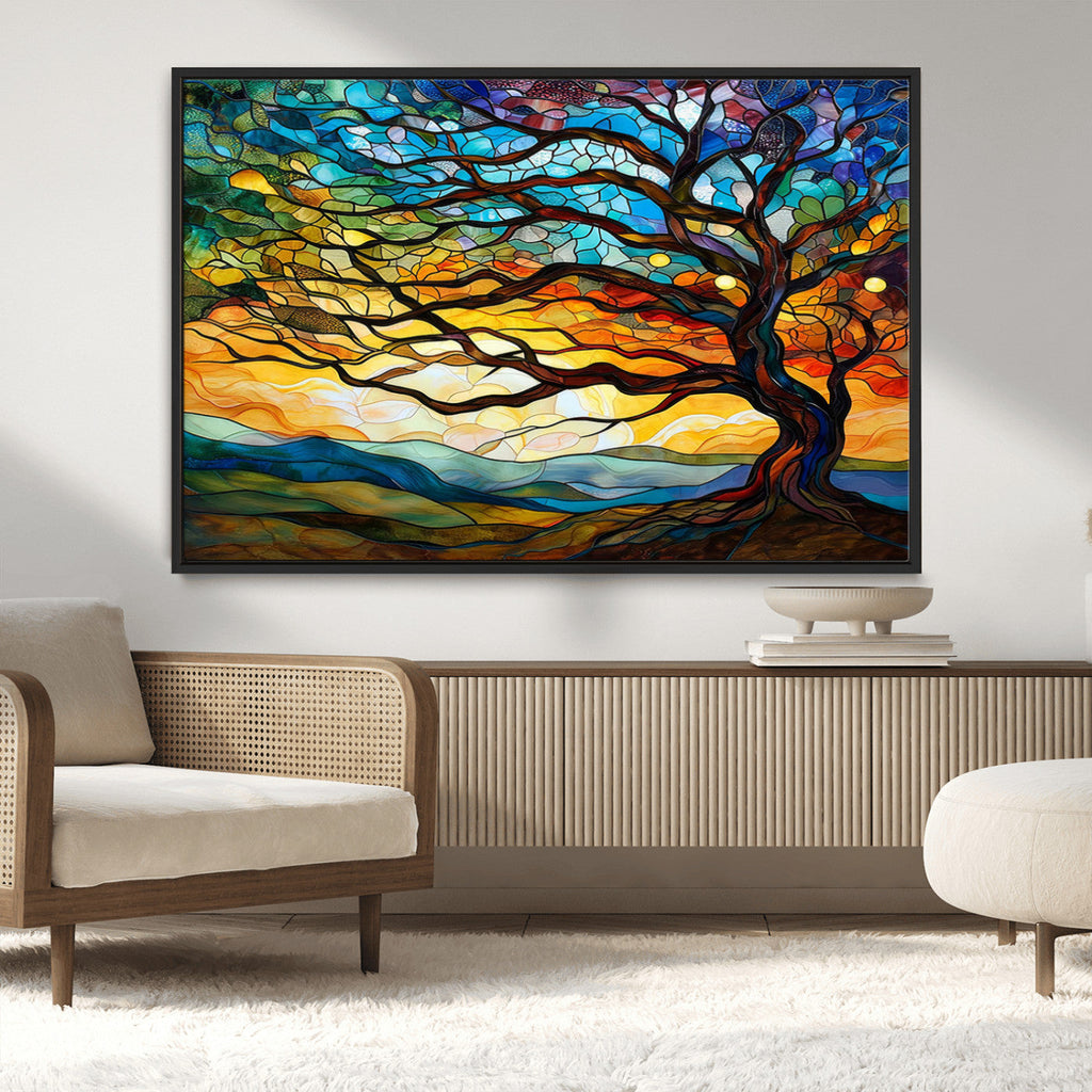 Vibrant Mosaic Tree of Life Wall Art, Stained Glass Style Canvas Print